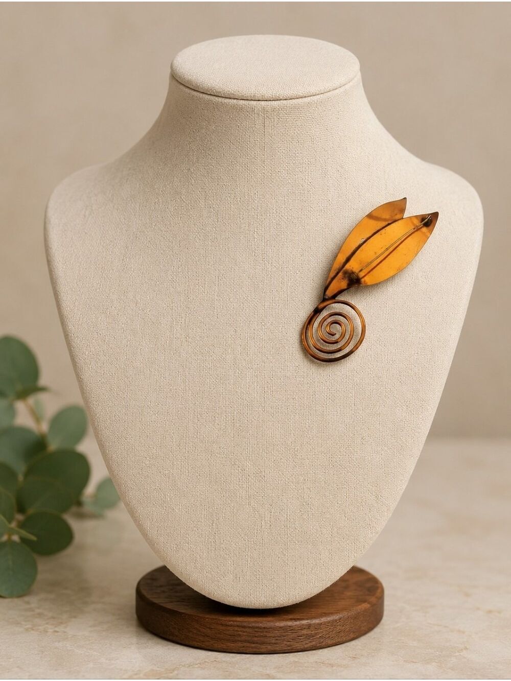 Copper Leaf Brooch Mid Century Modernist Scroll Detail